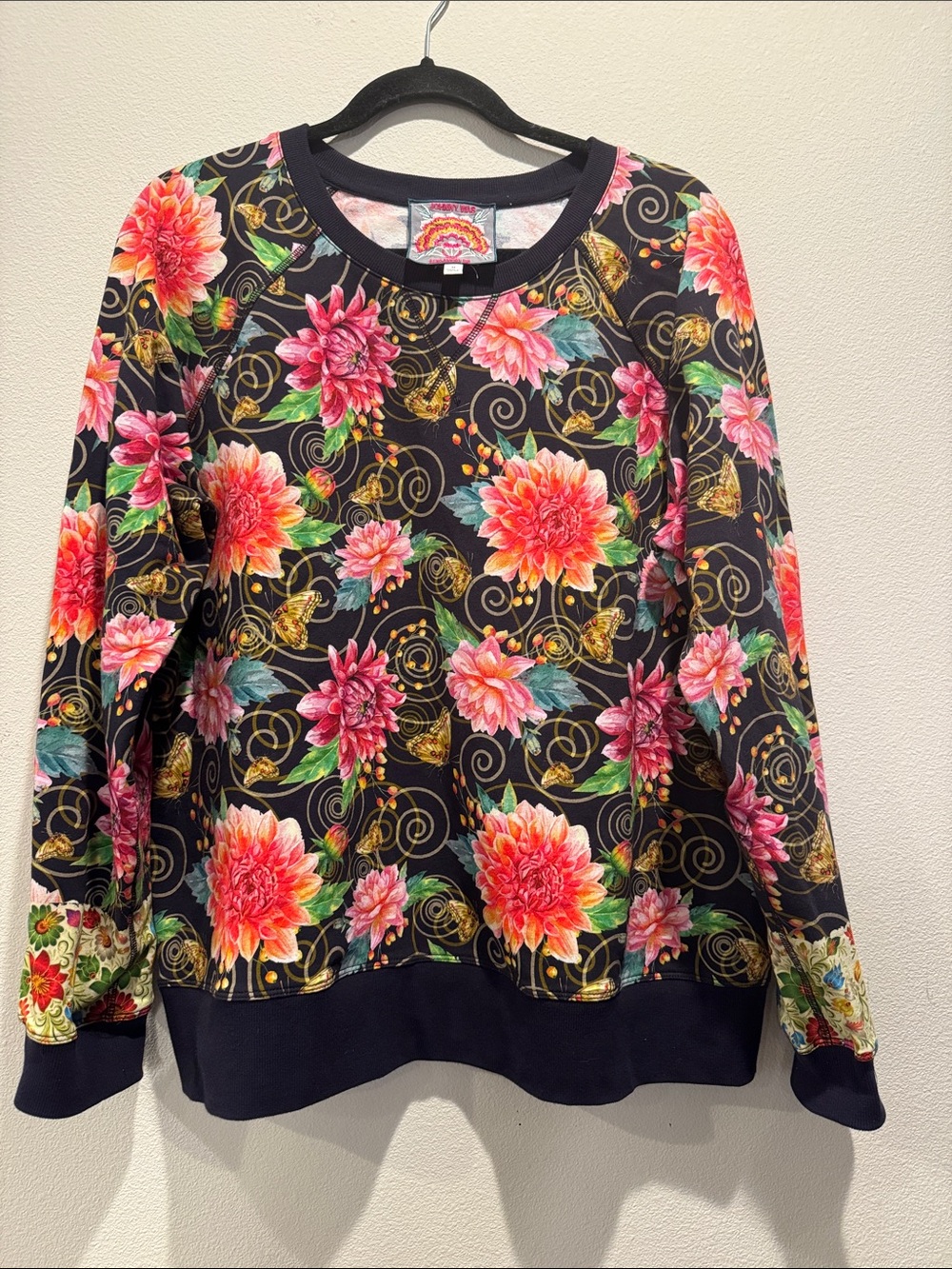 Johnny Was Black Crewneck Sweater with Pink & Coral Floral Print
